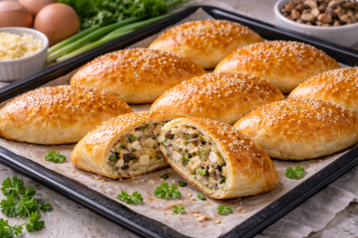Пирожки без дрожжей и&nbsp;тонны жира: творожное тесто и начинка с рисом, яйцом и жареными грибами